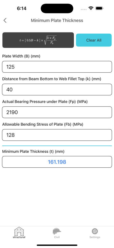 Structural Engineering lite - Structural Engineering lite app interface showing minimum plate thickness calculation with formula and inputs