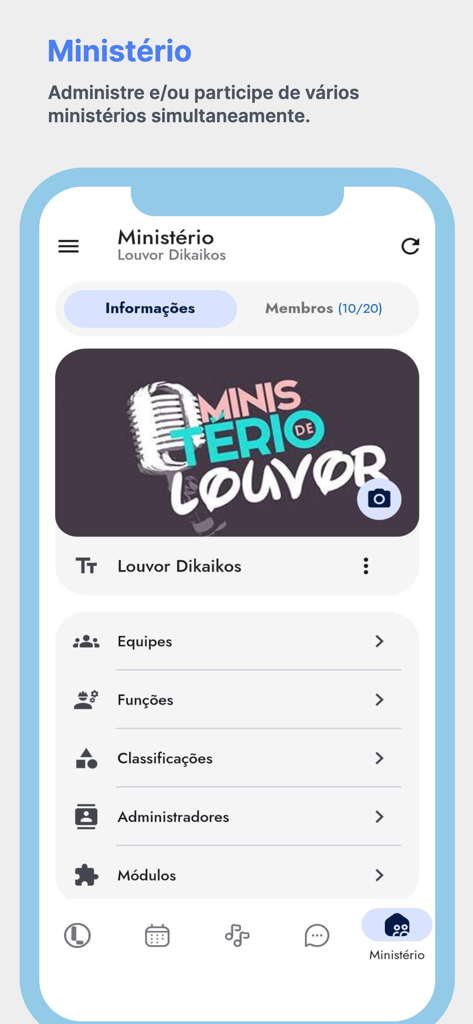 LouveApp - Tela móvel do LouveApp exibindo recursos de administração de ministério da igreja, como equipes e funções