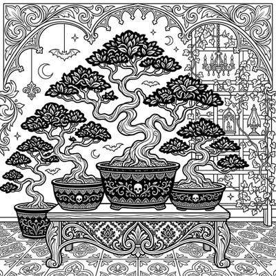 Unleash your creativity with this unique Gothic Bonsai Trees coloring page, where ancient Japanese art meets dark Victorian elegance. Dive into a world of intricate patterns, mysterious charm, and botanical beauty ready for your artistic touch.