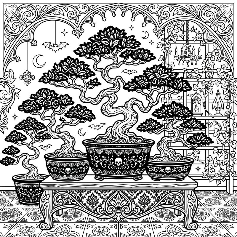 Unleash your creativity with this unique Gothic Bonsai Trees coloring page, where ancient Japanese art meets dark Victorian elegance. Dive into a world of intricate patterns, mysterious charm, and botanical beauty ready for your artistic touch.