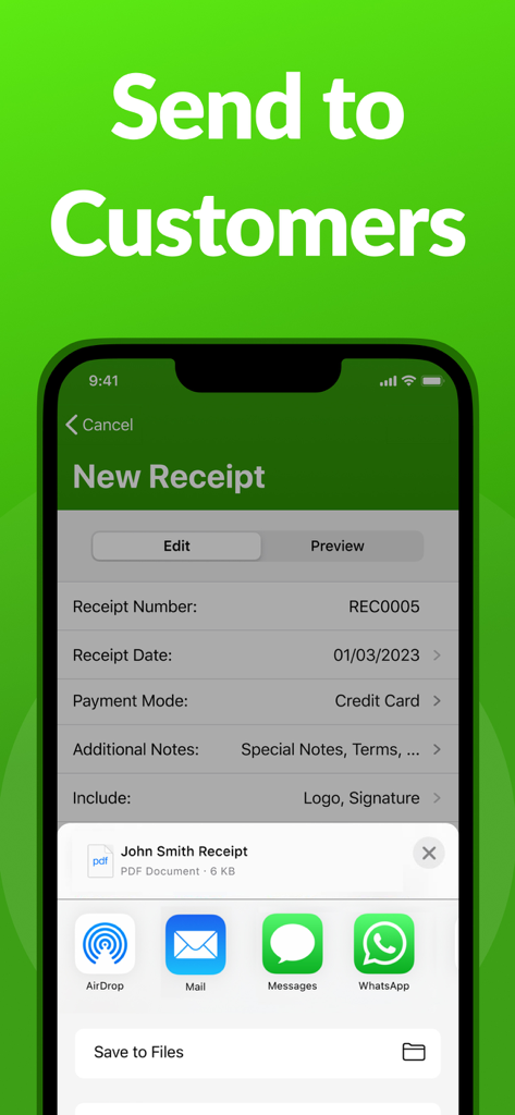 Ace Receipt Maker - Interface of Ace Receipt Maker app showing receipt sharing options via WhatsApp and email on an iPhone screen