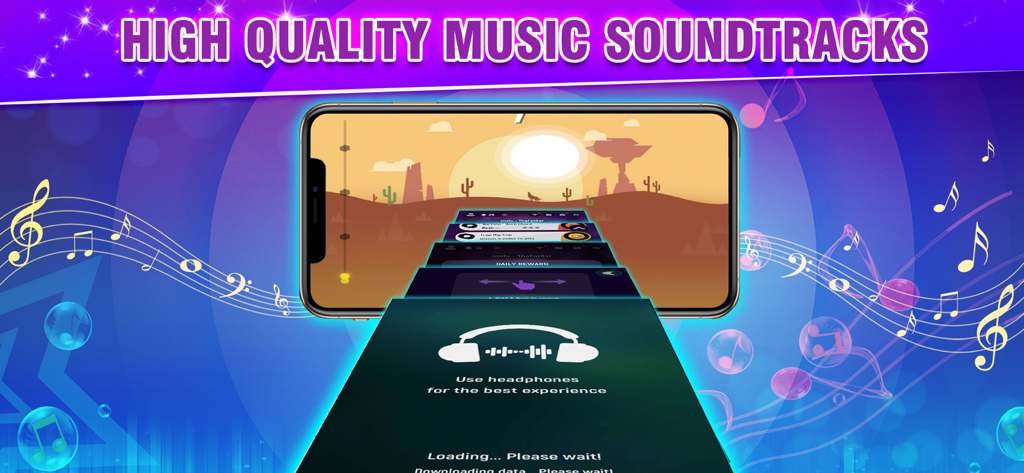Piano Dance game promotional screen showcasing high quality music soundtracks and a desert themed level with a recommendation to use headphones.