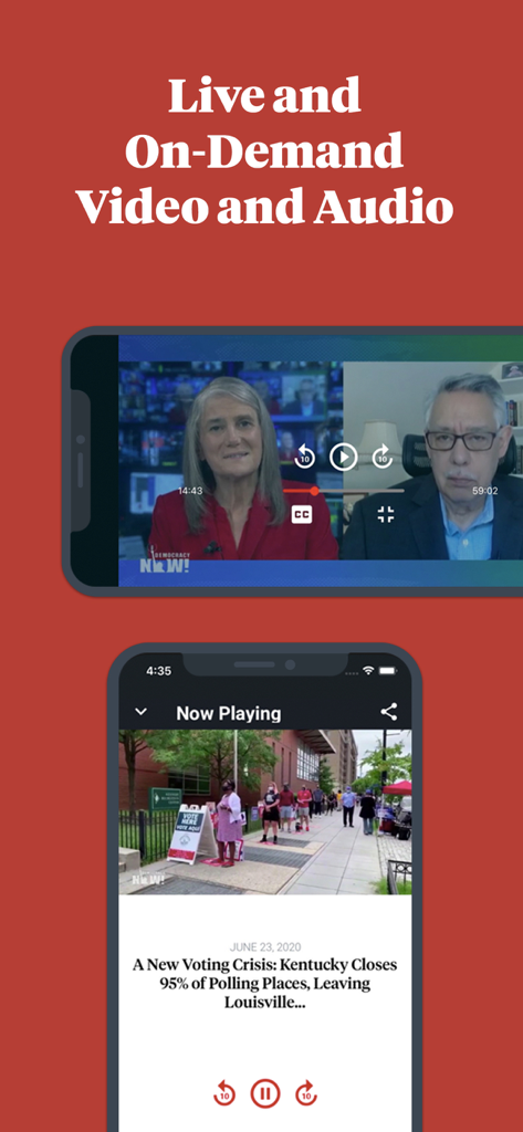 Democracy Now! - Democracy Now app interface with live video and news headlines