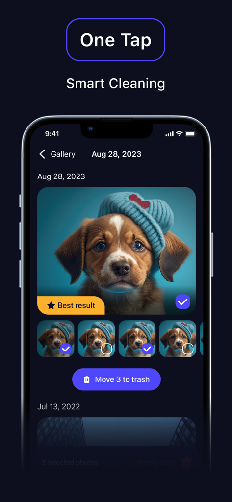 AI Cleaner Pro Photos app interface showing smart cleaning and duplicate photo identification feature.