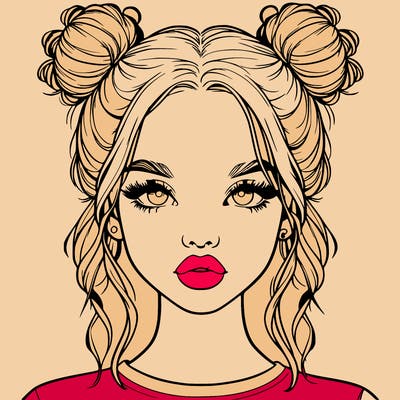 realistic girl with two buns in hair and lips