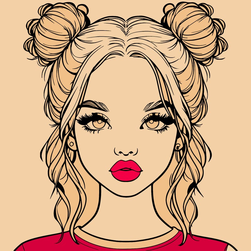 realistic girl with two buns in hair and lips