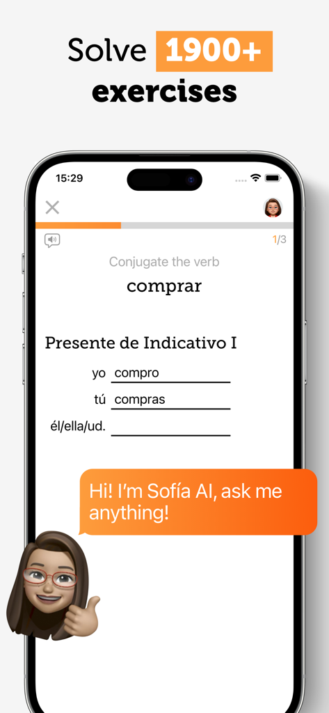 Spanish Grammar: Gramático - Interface of Spanish Grammar Gramático app showing a verb conjugation exercise for the word comprar and the Sofia AI assistant