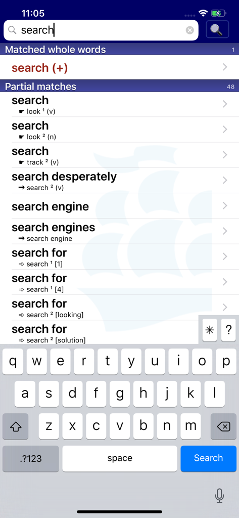 LDOCE - LDOCE app search interface showing word matches and suggestions for the word search