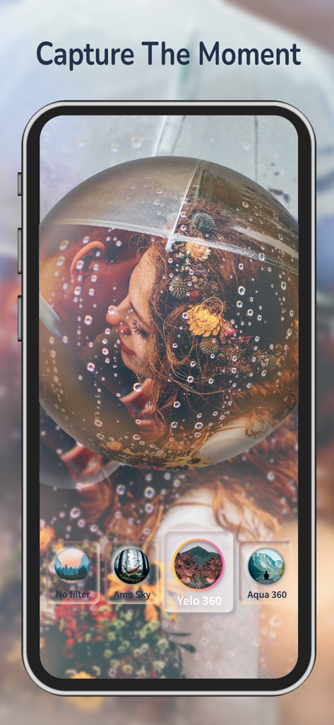 Fish eye camera & Video Square - Smartphone screen showing a fish eye camera effect on an artistic photo with various lens filter options