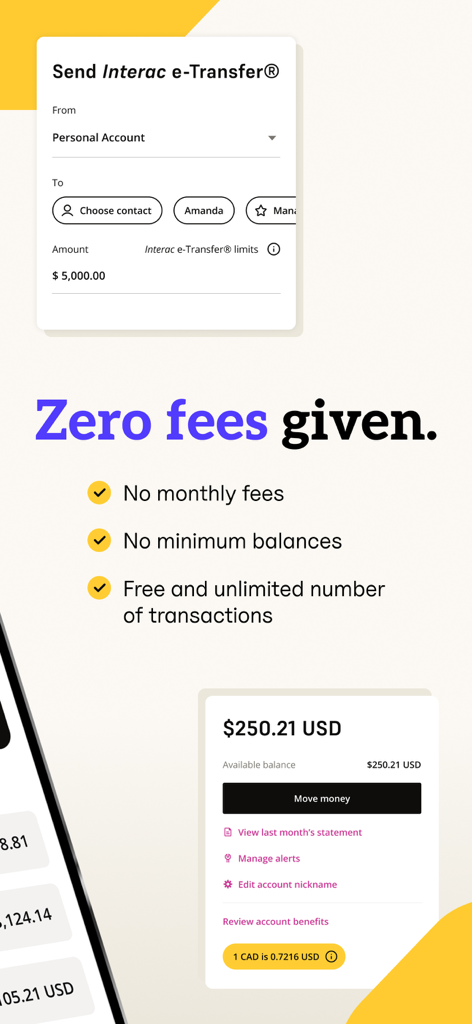 EQ Bank Mobile Banking - EQ Bank app interface highlighting zero monthly fees and Interac e-Transfer functionality