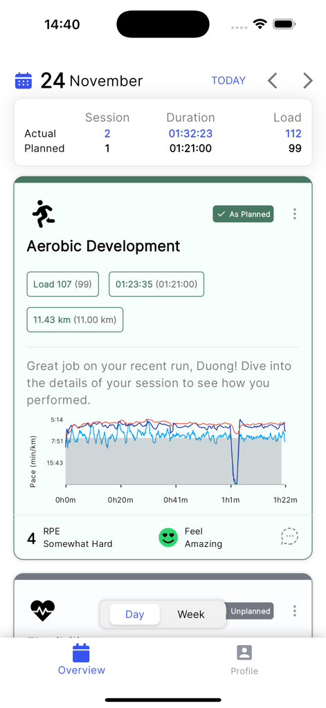 Athletica AI Training Plans - Pantalla de resumen de entrenamiento de Athletica AI que muestra estadísticas de carrera y gráficos de rendimiento