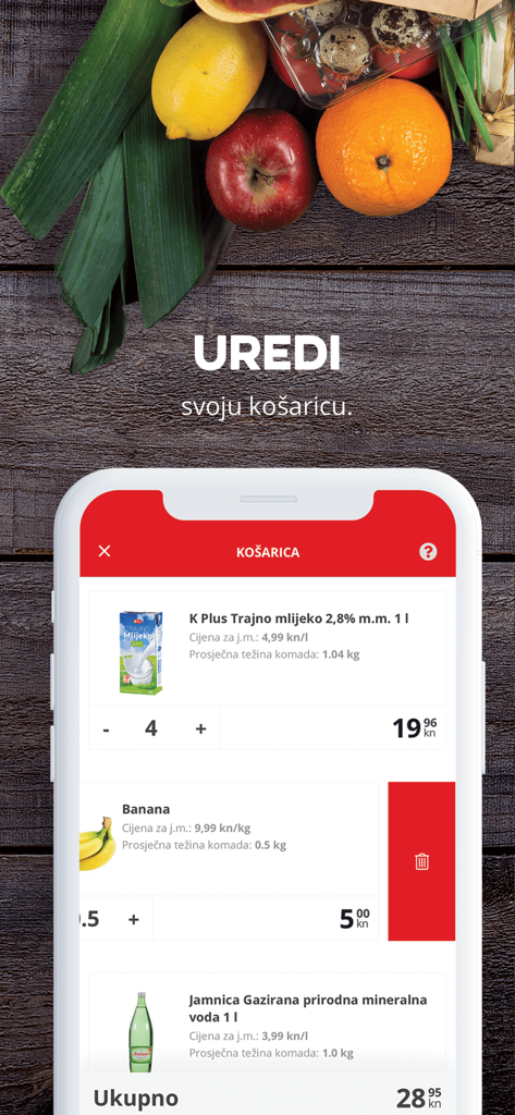 KONZUM - Interfaz de la aplicación de comestibles Konzum que muestra artículos en un carrito de compras digital