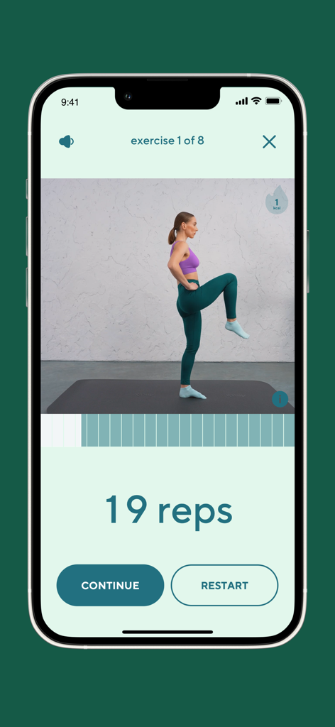 Pilates at Home by I'mprove - Workout screen of the Pilates at Home app showing a woman doing an exercise and a rep counter.