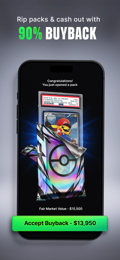 Digital pack opening on the Courtyard app showing a graded Mario Pikachu card and a ninety percent buyback offer.