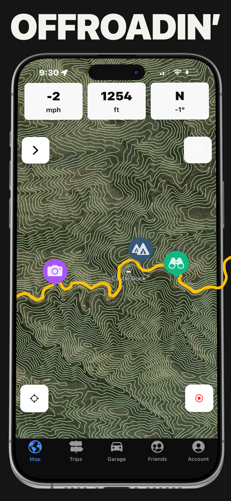 Offroadin’: Trail Maps & GPS - Offroadin app displaying a topographic trail map with real-time GPS tracking and elevation data