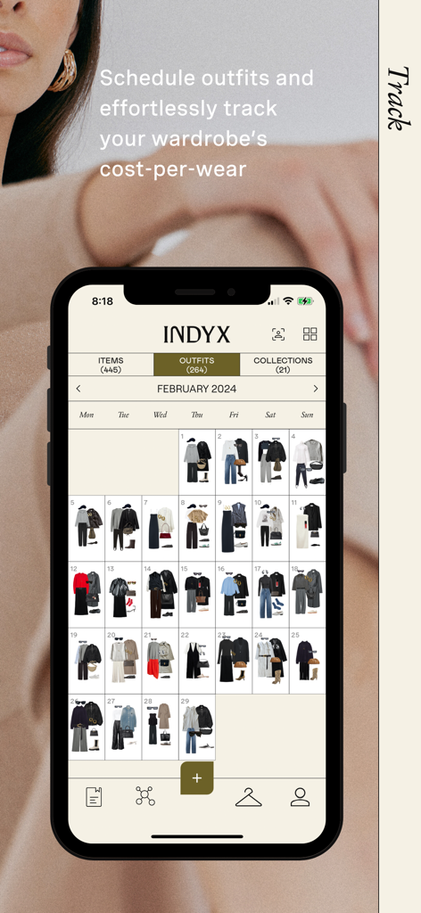 Indyx: Wardrobe & Outfit App - Indyx app showing a monthly calendar view with planned daily outfits to track wardrobe cost per wear