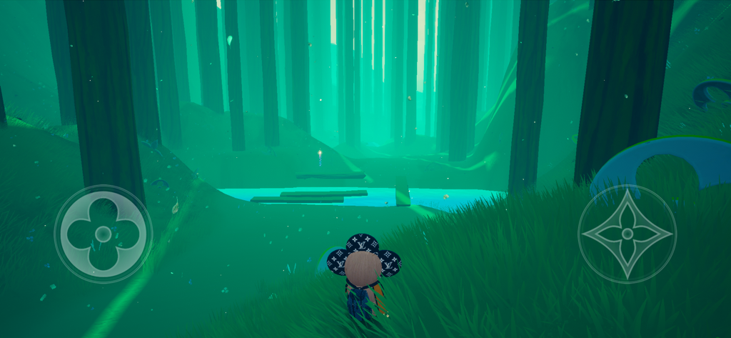 LOUIS THE GAME - Charakter Vivienne erkundet einen stilisierten grünen Wald in LOUIS THE GAME von Louis Vuitton