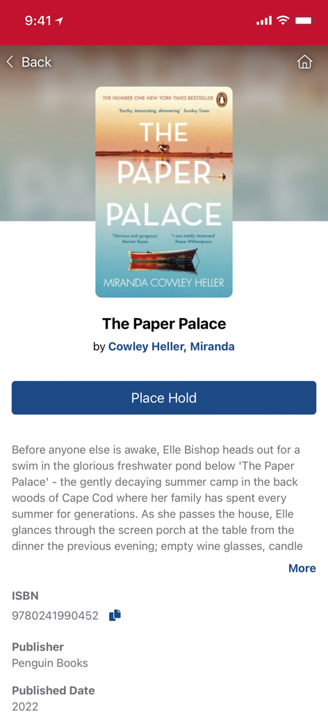 Cork City Libraries - Cork City Libraries app interface showing details for the book The Paper Palace with a Place Hold button
