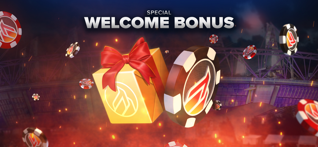 Poker Heat: Texas Holdem Games - Besonderer Willkommensbonus für die Poker Heat App mit einer goldenen Geschenkbox mit roter Schleife und Pokerchips