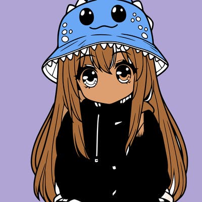 girl with anime shaped eyes with a dinosaur bucket hat oversized sweatshirt long straight hair
