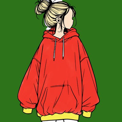 realistic girl with a oversized sweatshirt on and a bun