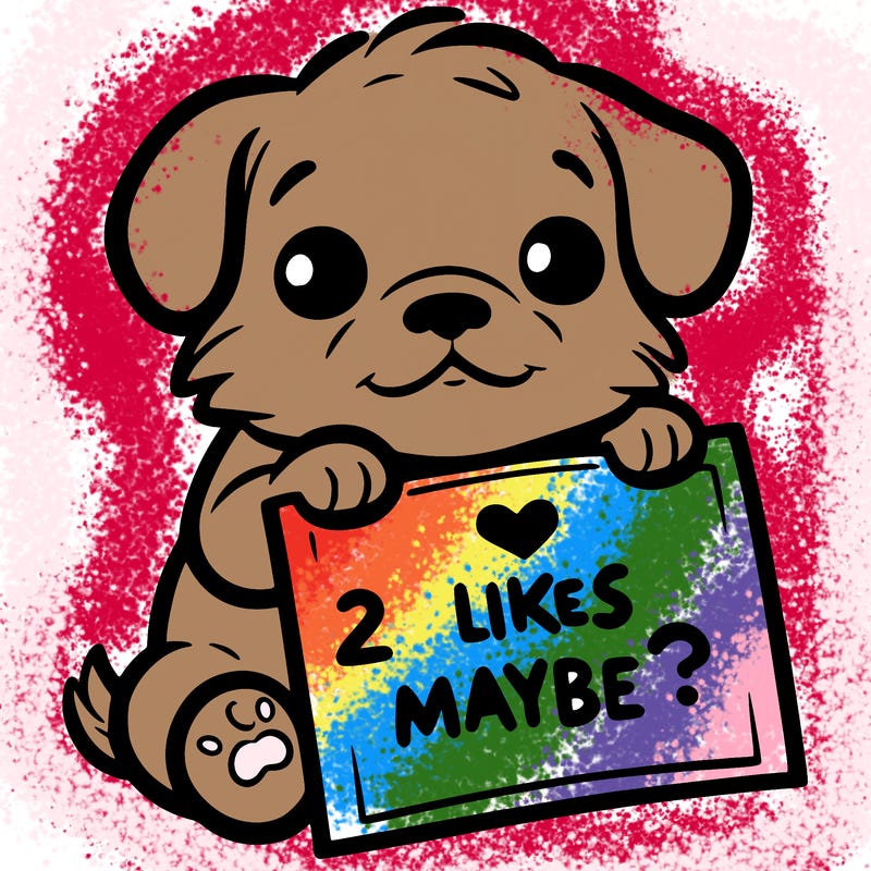 a puppy holding a sign that says 2 likes maybe?