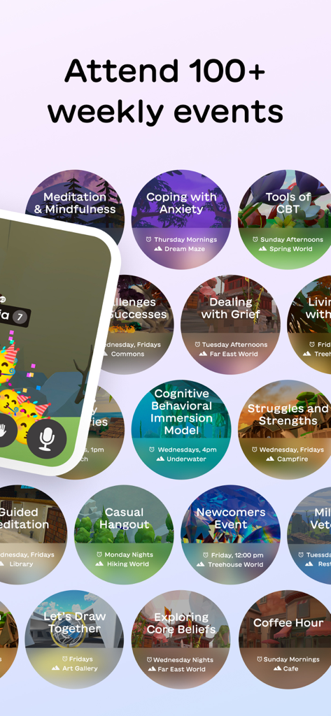Innerworld: mental health help - Grid of diverse weekly virtual mental health support events and workshops in the Innerworld app.
