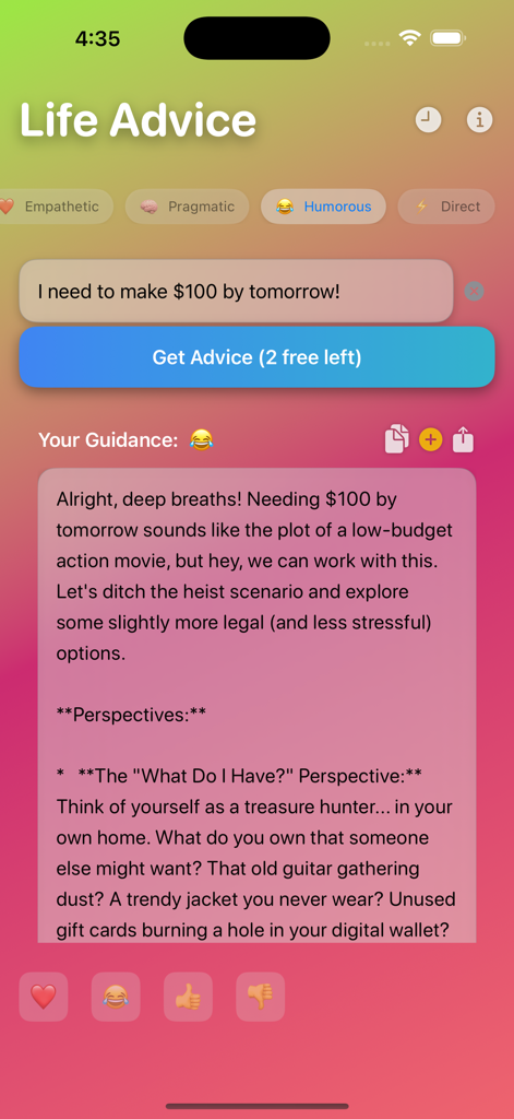 Polyai - Polyai mobile app interface showing a humorous AI response to a user question about making money