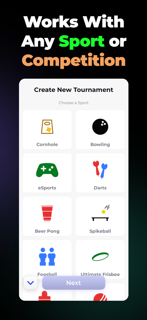 Pantalla de creación de torneo mostrando íconos para varios deportes y competencias como esports y bolos.
