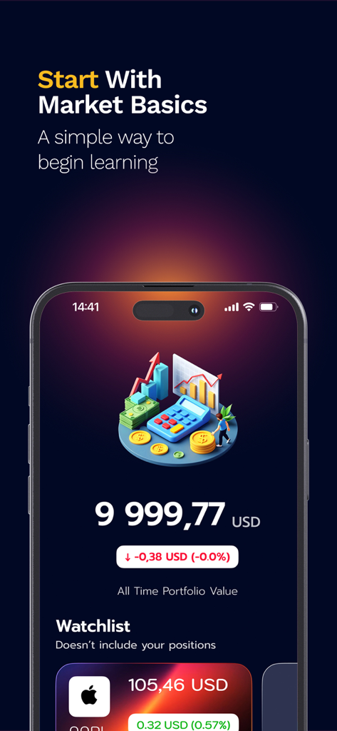 Stock Trading Online - Mobile phone showing the Stock Trading Online app interface with a simulated portfolio and market basics section