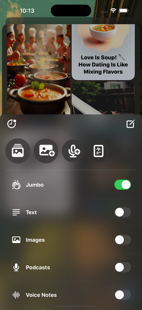 ChatBae AI app interface showing menu options for image generation voice notes and text