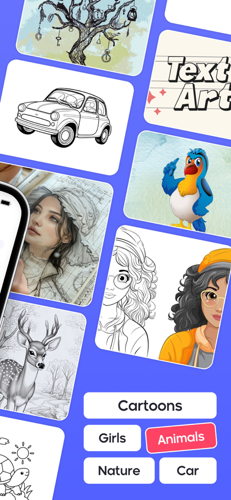 AR Sketch - Trace Anything - AR 스케치 앱이 다양한 그림 템플릿과 카테고리 버튼을 표시합니다.