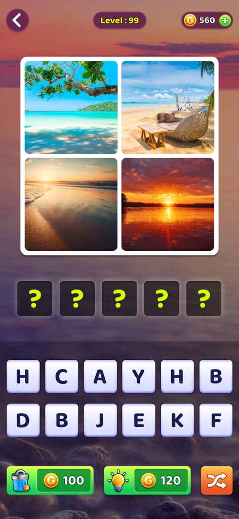 4 Pics 1 Word: Word Guess Game - A word puzzle level in 4 Pics 1 Word featuring four photos of a beach and sunset with letter tiles at the bottom.