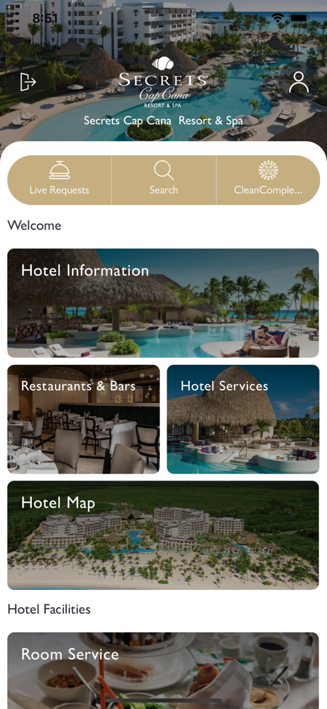 Tela inicial do aplicativo Hyatt Inclusive Collection mostrando serviços do resort e informações do hotel para Secrets Cap Cana