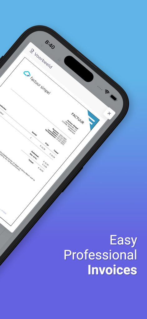 Smartphone displaying a professional digital invoice in the Factuur Simpel app