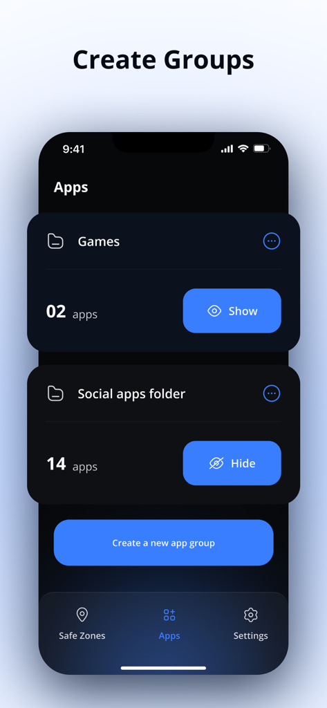 Shadow: Apps Restrictions - Shadow app interface for creating and managing custom groups of apps to show or hide for better focus