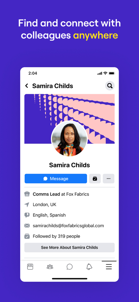 Workplace from Meta - A user profile screen in the Workplace from Meta app showing colleague information and a message button.