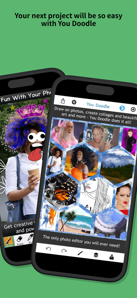 You Doodle Plus - easy and fun - Interface of the You Doodle Plus app showing creative photo editing features and a hexagonal image collage on two smartphones.