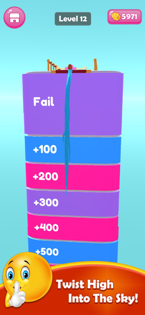 Hair Challenge - Hair Cut Run - A character with extremely long blue hair standing on top of a colorful score tower in the Hair Challenge mobile game