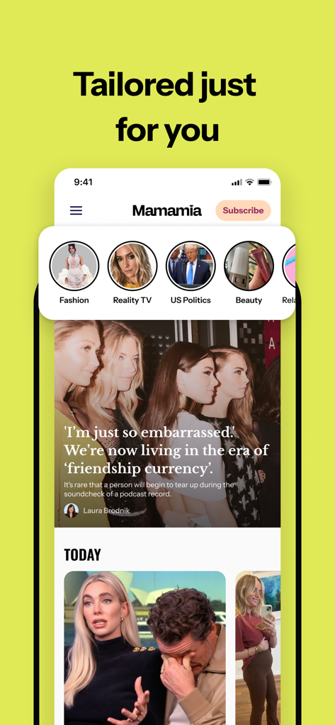 A screenshot of the Mamamia app displaying a personalized content feed with categories for fashion beauty and politics