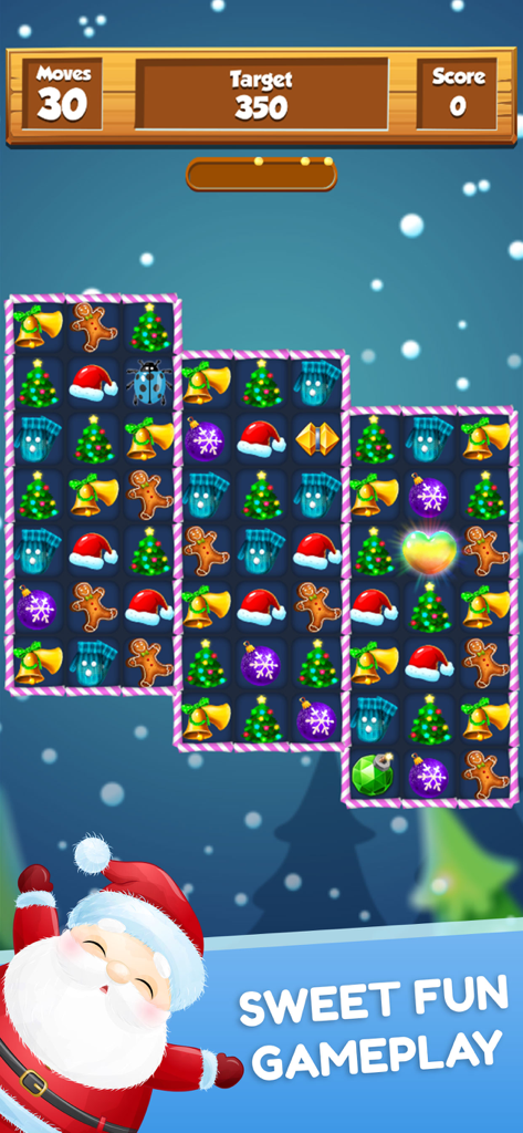 Gameplay board of a Christmas match 3 puzzle with Santa Claus and festive holiday items