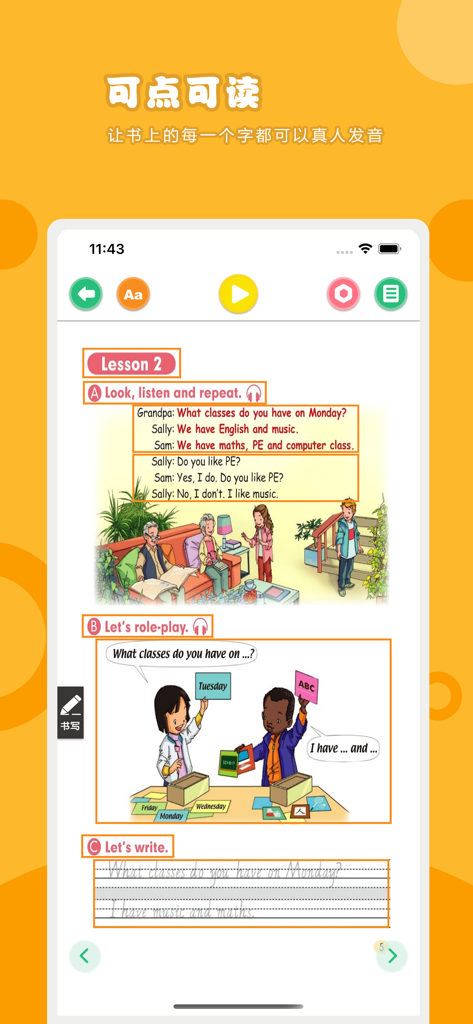 Interactive English point and read textbook app for third grade students showing a lesson with dialogue and writing practice