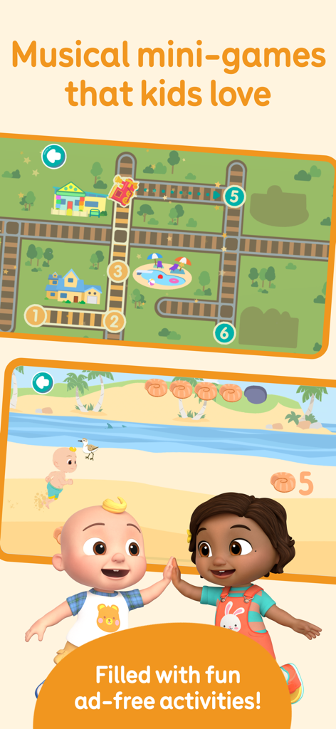 CoComelon: Learn ABCs and 123s - Personajes de CoComelon JJ y Nina chocando las cinco en un minijuego educativo con temática de playa