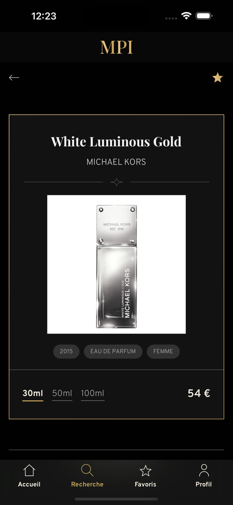 Mon parfum idéal - Product page of the Mon Parfum Ideal app featuring Michael Kors White Luminous Gold perfume details and pricing