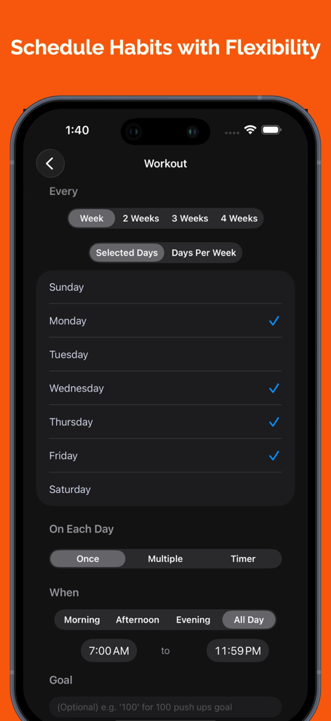 Habit Hub: Routine & Schedule - Interfaz móvil de la aplicación Habit Hub para programar un hábito de ejercicio con opciones diarias y semanales flexibles.