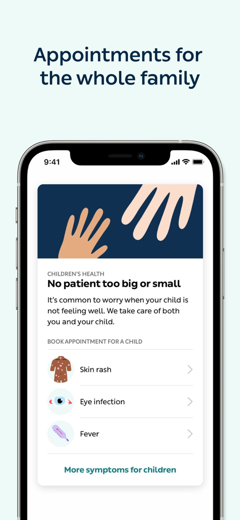 L'interface de l'application Livi montrant les options de soins pédiatriques pour prendre rendez-vous vidéo avec des enfants présentant des symptômes tels que des éruptions cutanées, de la fièvre et des infections oculaires.