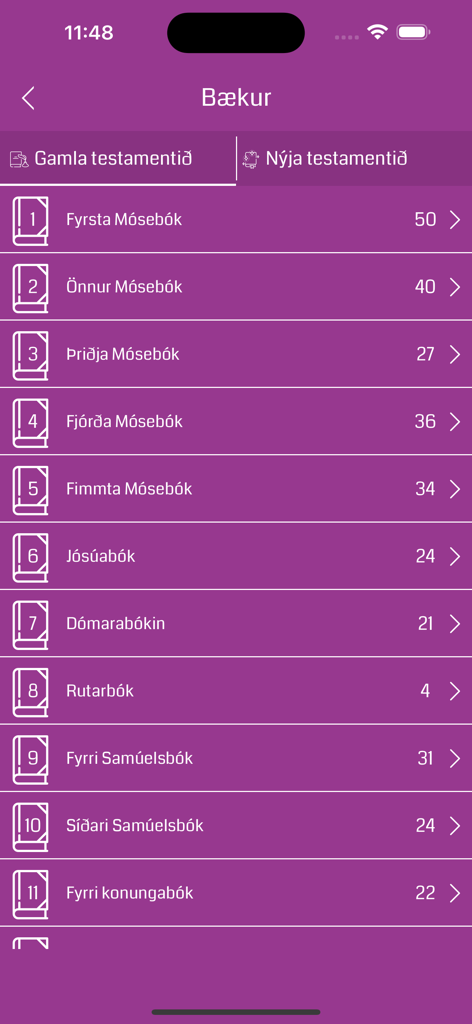 Interface of the Icelandic Bible app showing a list of Old Testament books