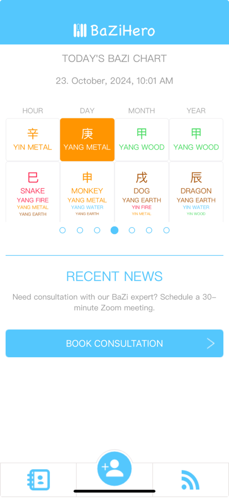 BaZi Hero app screen displaying the daily BaZi chart with four pillars and elements