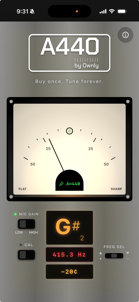 A440 Tuner by Ownly - A440 Tuner app interface featuring a professional analog style meter and digital pitch display.