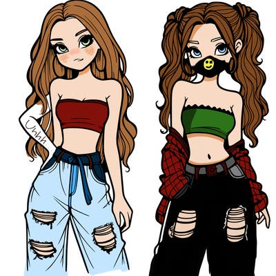 2 girls in crop tops and baggy jeans ripped